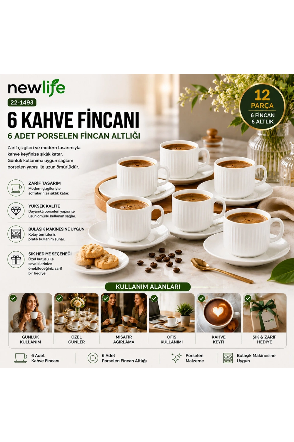 Newlife Clkn-1652-a-b-c-d-e-h ( 12pcs ) Porselen Kahve Fincanı*18