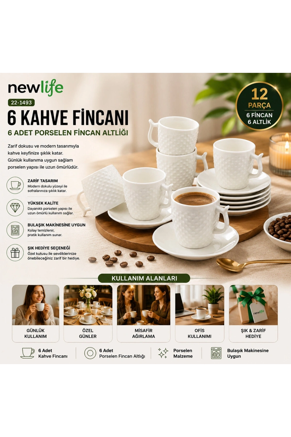 Newlife Clkn-1652-a-b-c-d-e-h ( 12pcs ) Porselen Kahve Fincanı*18