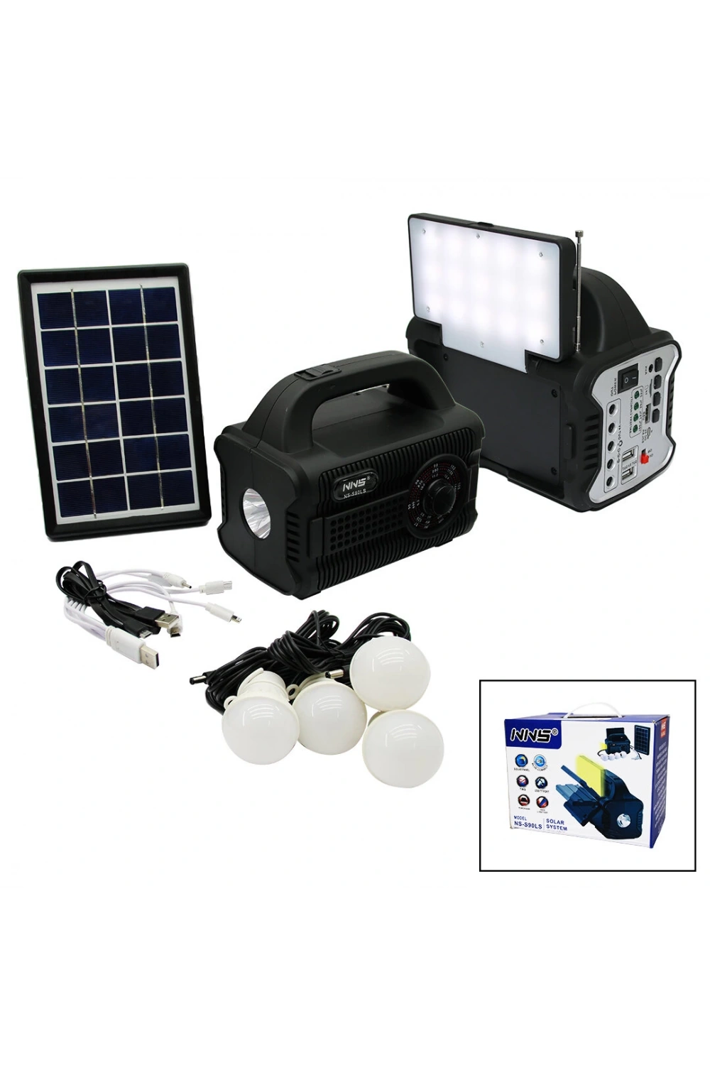 Nns Ns-s90ls (3ın1&solar) (2in1 Sabit+oynar Başlı El Feneri) & Radyo & Mp3) Bluetooth & Usb/ Tf Port& 4pcs Ampul Kablolu & Powerbank*12 Q9