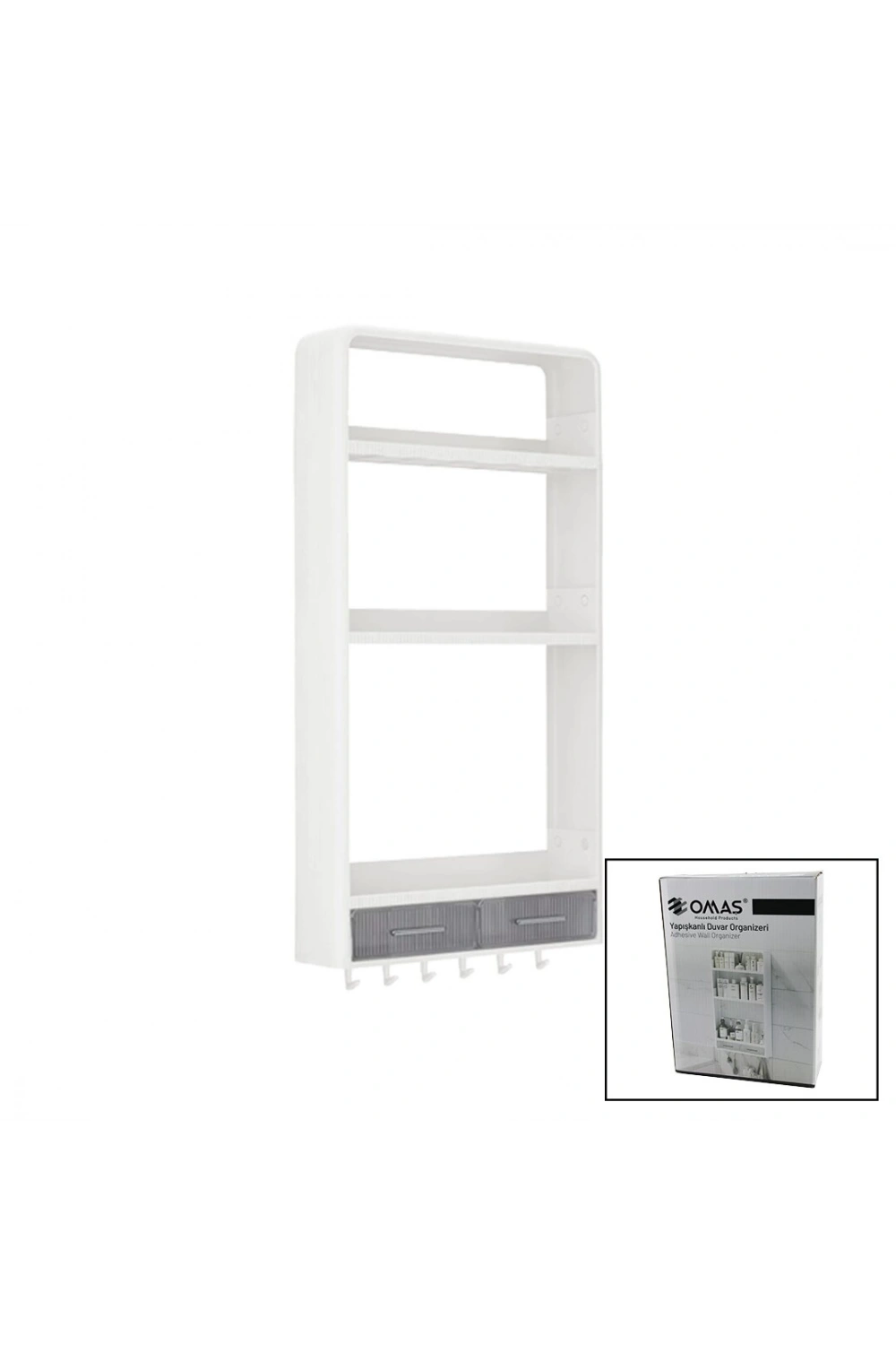 Omaş Om-0817 ( Beyaz ) Yapışkanlı Duvar Organizeri Plastik ( 3 Raf=14cm-19cm-30cm & 2 Çekmece=40cm & 6 Askı ) ( 19 Pcarça )*6