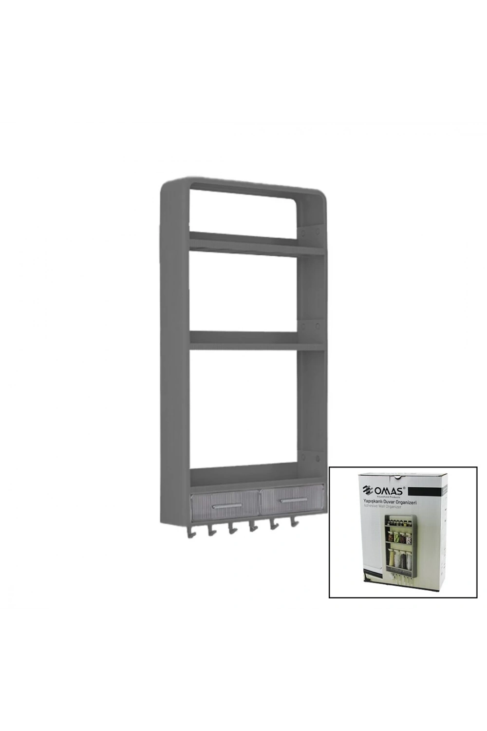 Omaş Om-0824 ( Gri ) Yapışkanlı Duvar Organizeri Plastik ( 3 Raf=14cm-19cm-30cm & 2 Çekmece=40cm & 6 Askı ) ( 19 Pcarça )*6
