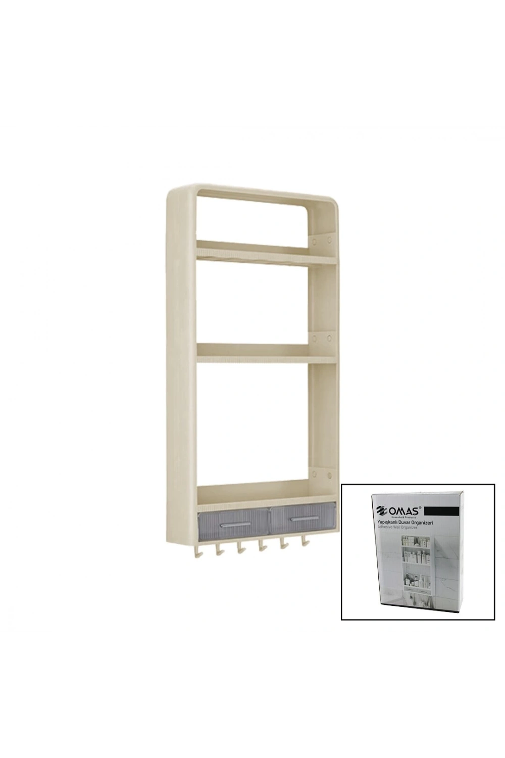 Omaş Om-0831 ( Bej ) Yapışkanlı Duvar Organizeri Plastik ( 3 Raf=14cm-19cm-30cm & 2 Çekmece=40cm & 6 Askı ) ( 19 Pcarça )*6