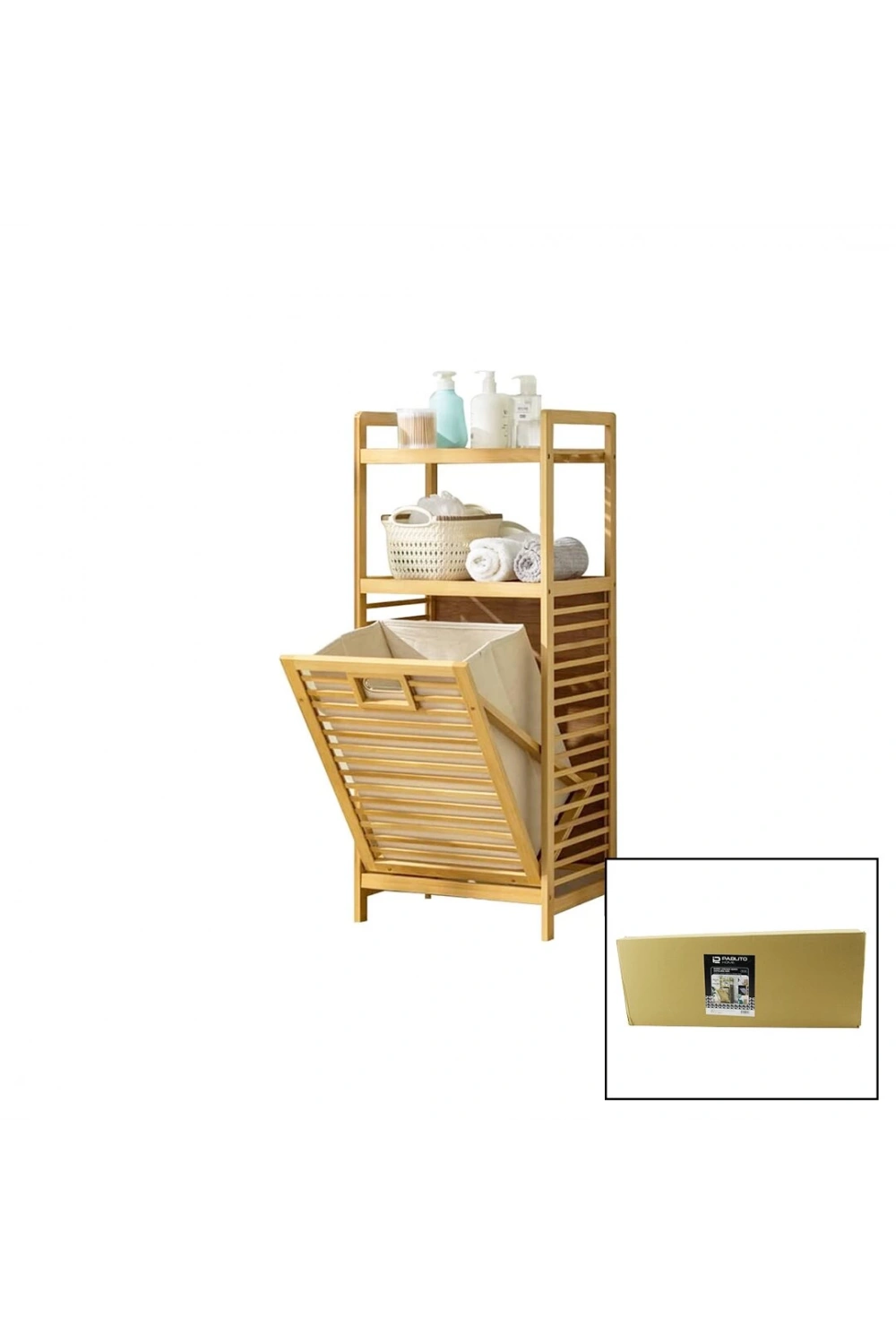Pablıto Pbt-348 (2raflı & Çek Aç Sepet) (ahşap Bambu) Kirli Çamaşır Sepet (spt=40x30x53cm) (raf=31cm+53+11=y=95cm)*4