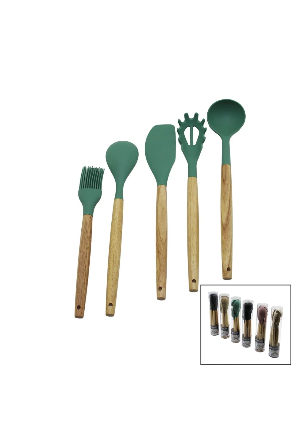 Pablıto Pbt-513 (5pcs) (24.5-30cm) (r.silikon) Mutfak Servis Seti (ahşap Bambu Sap)(kaşık & Kepçe & Spatula & Y.fırçası & S.kaşık)*24x2