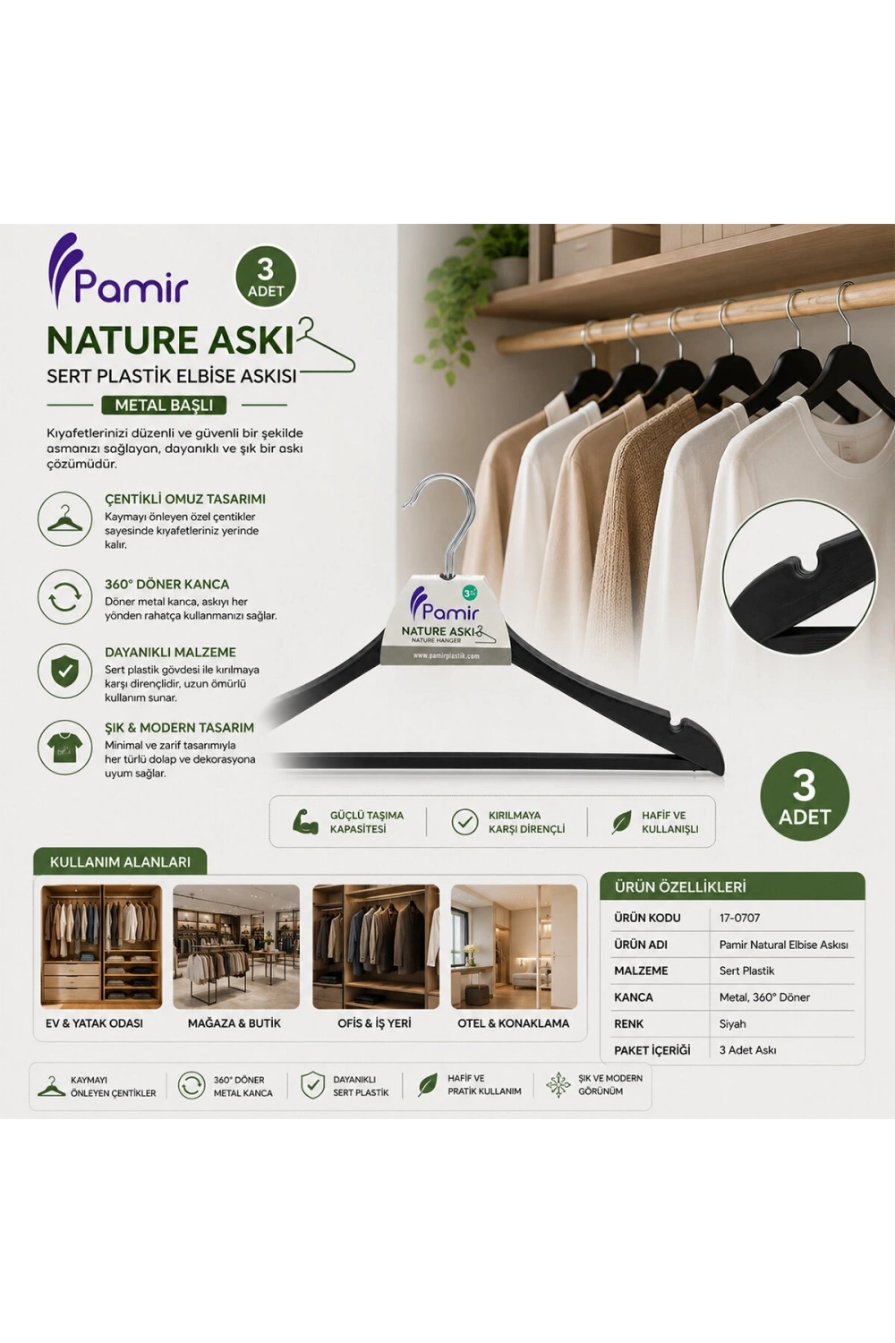 Pi Home Pi-481 ( 3pcs ) Natural ( Sert Plastik ) Elbise Askısı ( Metal Başlı )*36