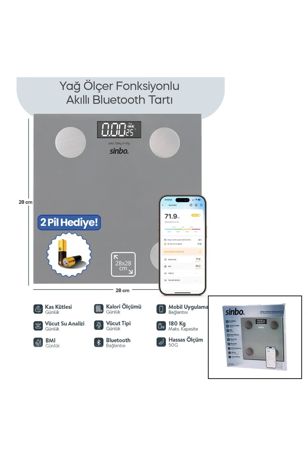 Sinbo Sbs-4469 ( Gri ) (yağ Ölçer) Akıllı (bluetooth) Cam Baskül (pilli) (180kg/50gr) (28x28cm) (8-kişi Hafıza) (lcd Ekran) (℃ Gösterge)*10