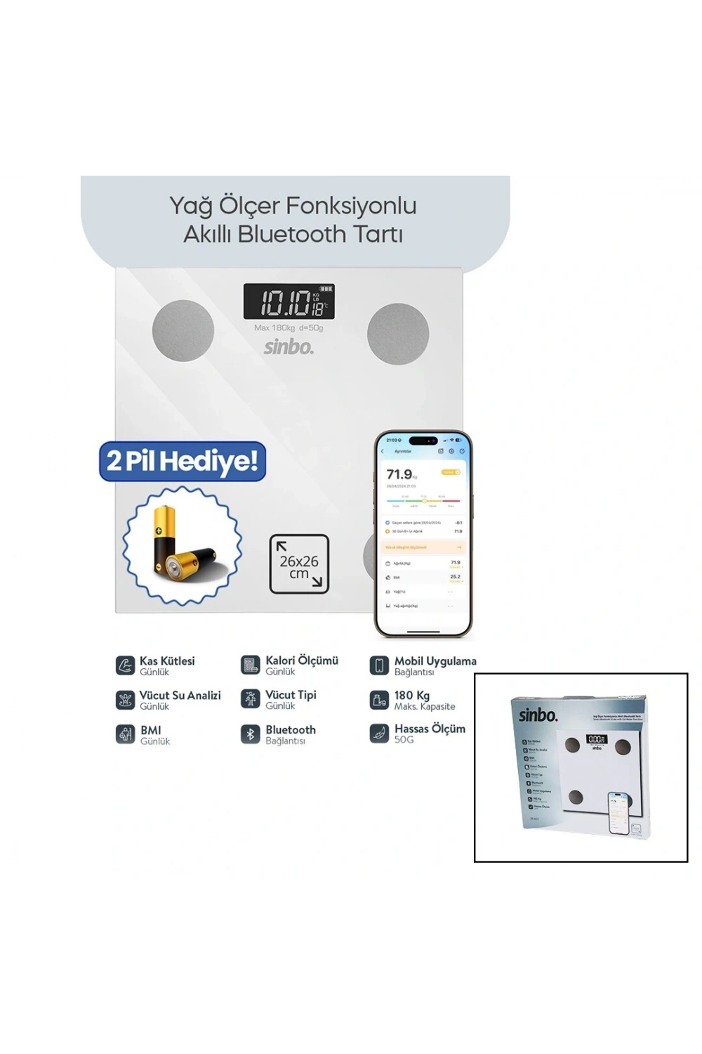Sinbo Sbs-4472 ( Beyaz ) (yağ Ölçer) Akıllı (bluetooth) Cam Baskül (pilli) (180kg/50gr) (26x26cm) (8-kişi Hafıza) (lcd Ekran) (℃ Gösterge)*10