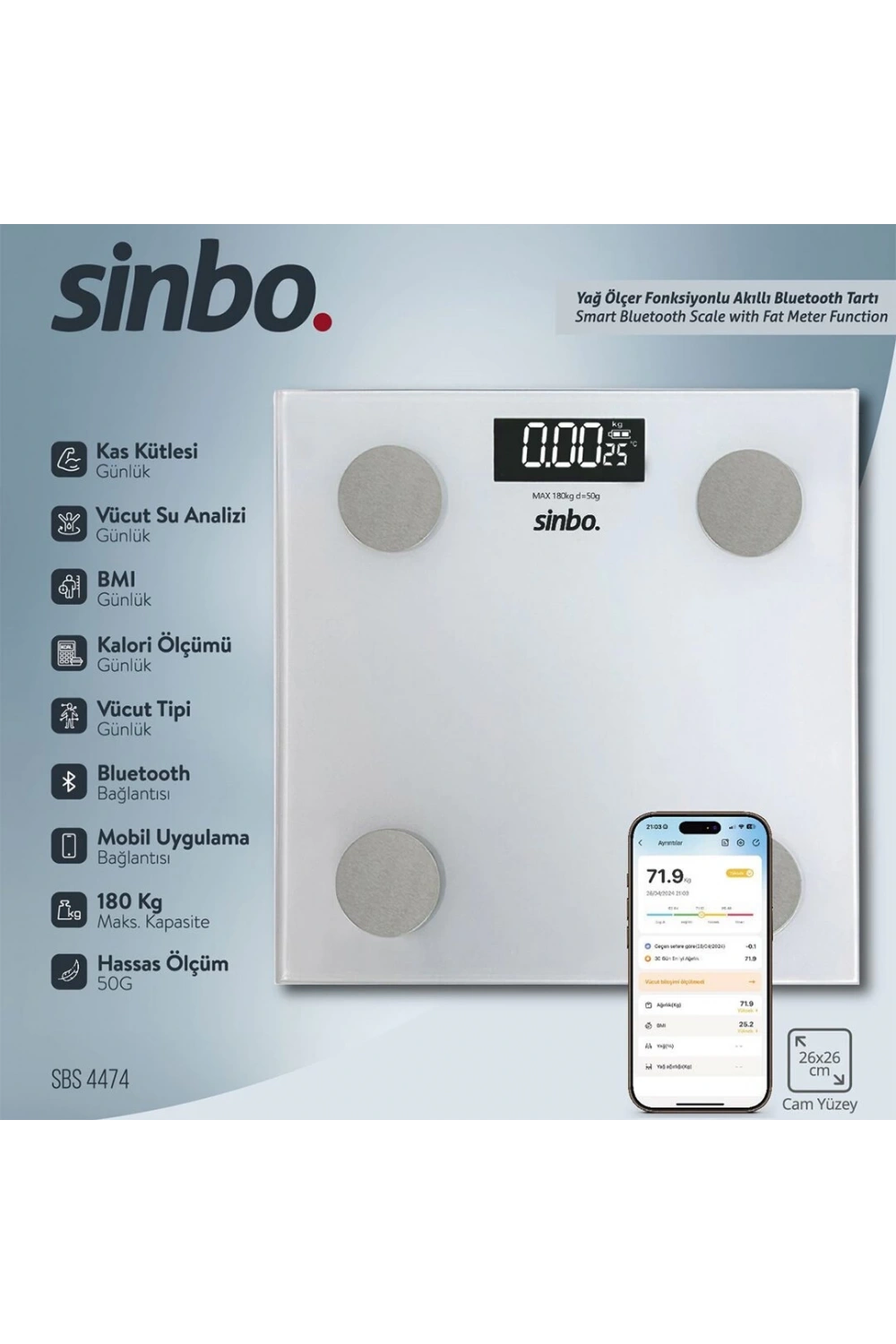 Sinbo Sbs-4474 (yağ Ölçer) Akıllı (bluetooth) Cam Baskül (pilli) (180kg/50gr) (26x26cm) (8-kişi Hafıza) (lcd Ekran)*10