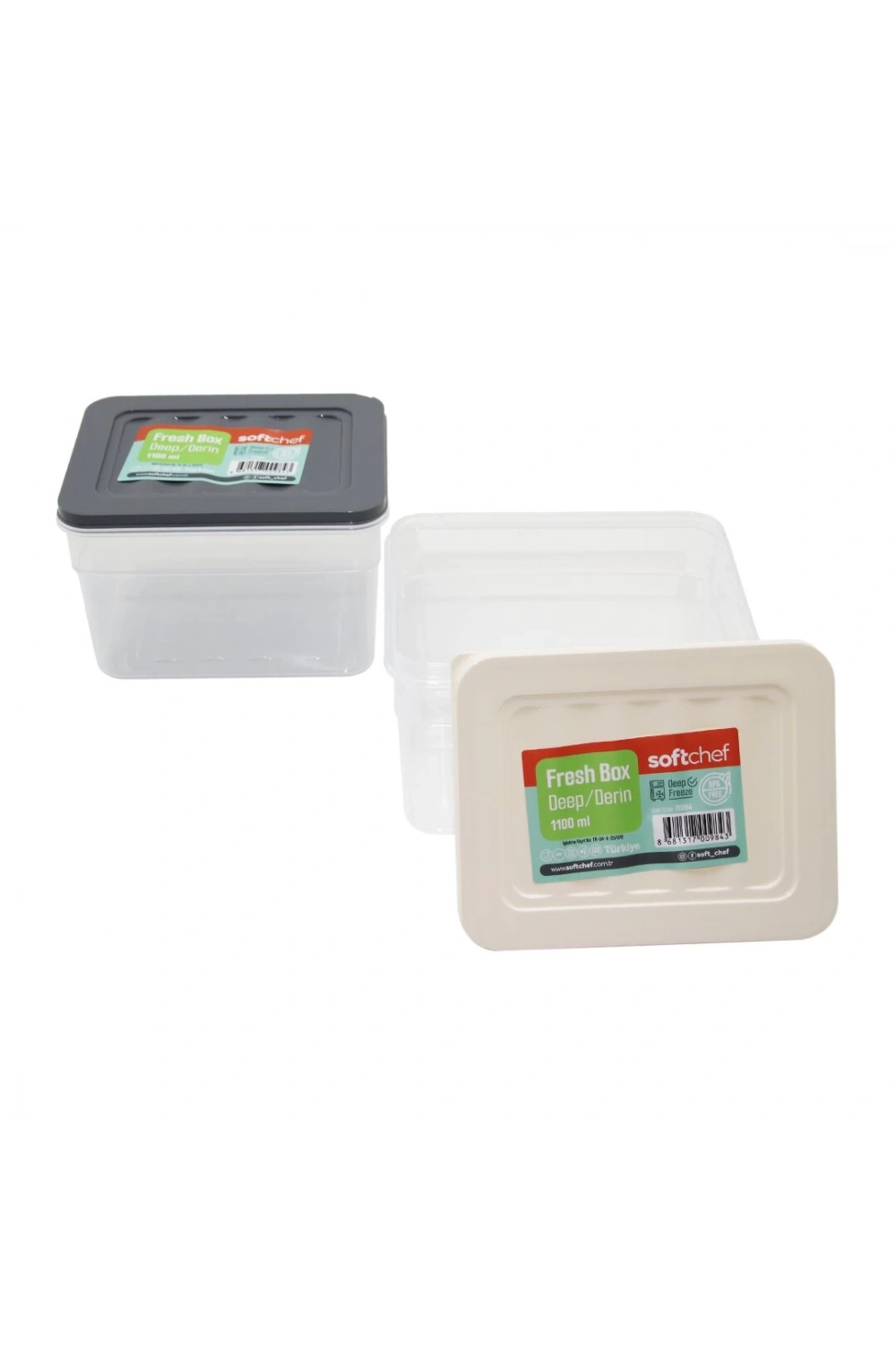 Softchef-00984 Fresh Box ( Derin & 1100ml ) Plastik Şeffaf Saklama Kabı ( Renkli Kapak )*24=k