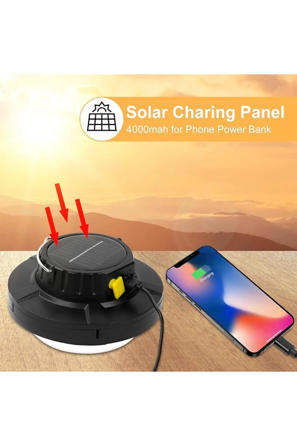 Solar Panelli Telefon Şarj Özellikli Çok Fonksiyonlu Kamp Lambası Aydınlatma