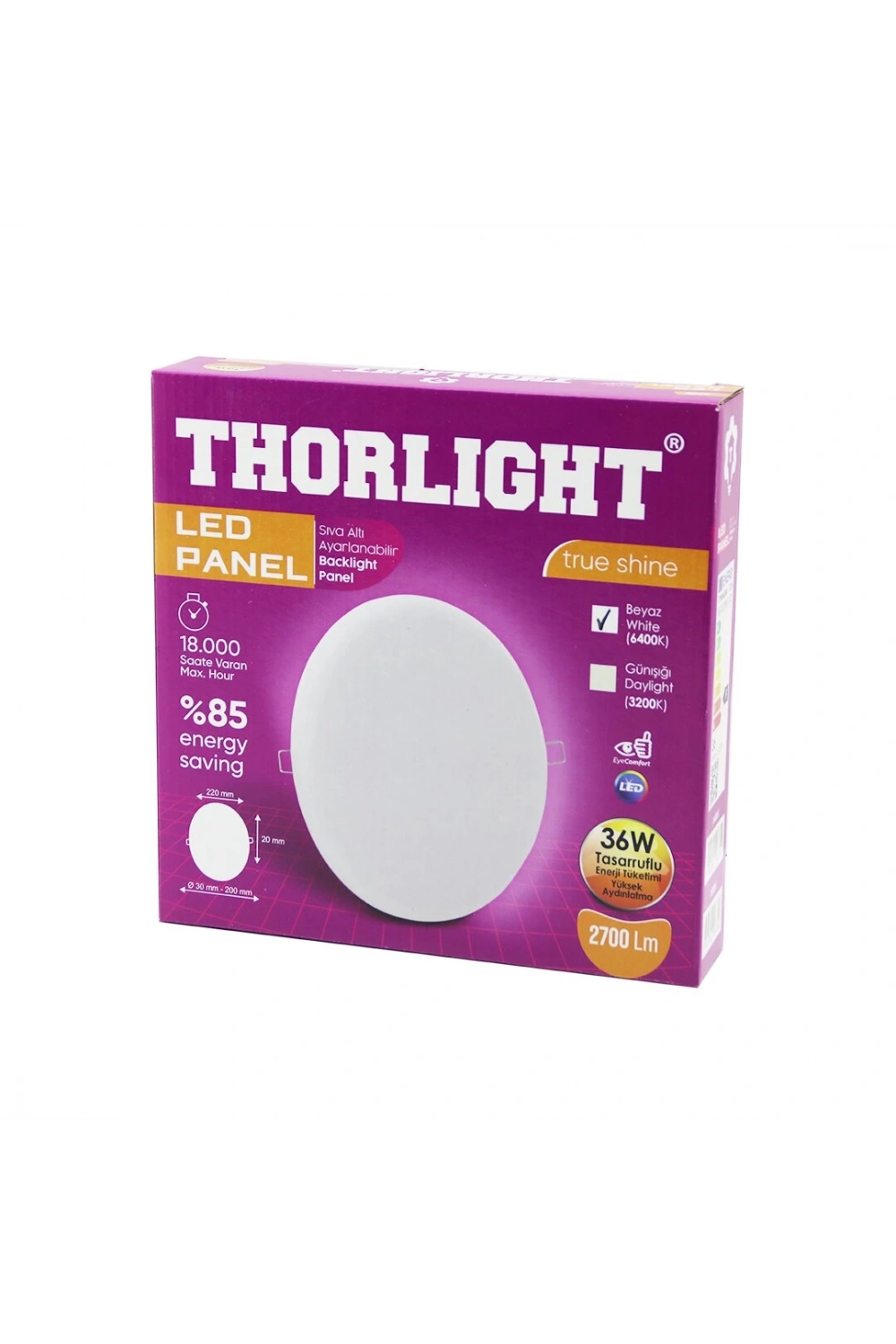 Thorlıght S-236 (36w) (22cm) (beyaz) Led Panel (sıva Altı Ayarlı Mandallı) (6400k & 2700lm & 18000 Saat & 2835 Smd)*22