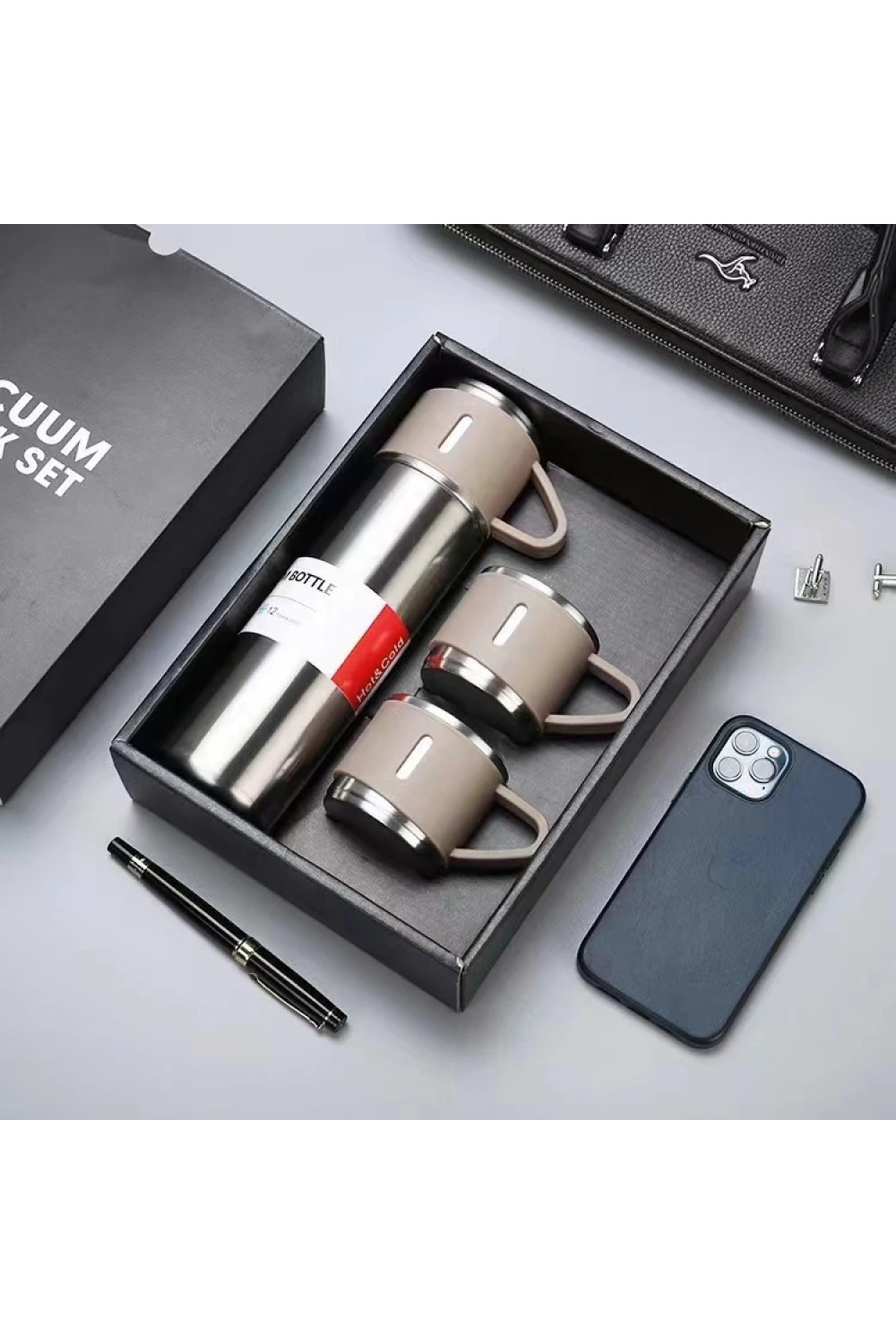 Vacuum Flask Set ( Çantalı ) ( 3pcs Bardaklı ) Renkli Çelik Termos Seti ( 500ml )*50
