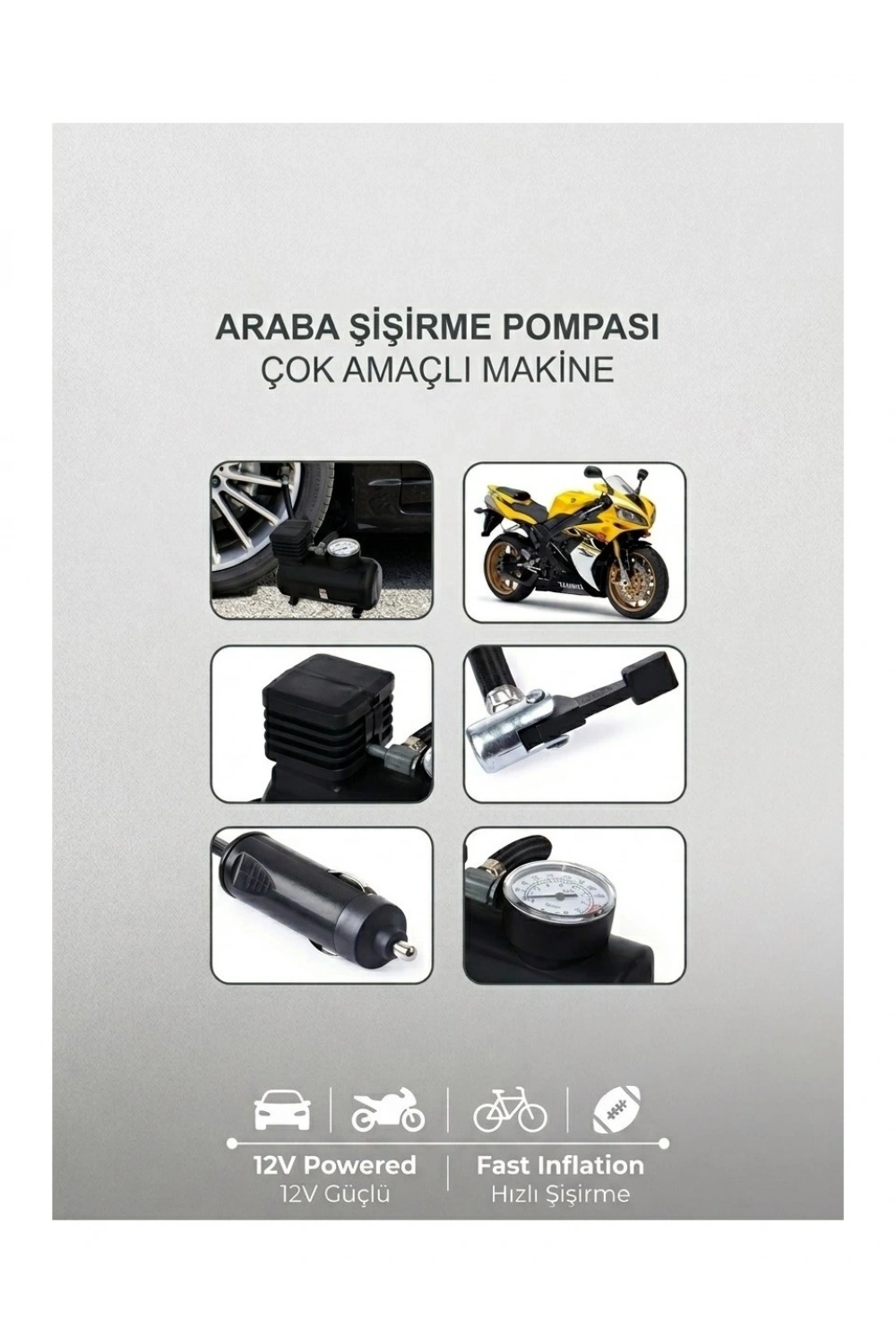 Volemi Çok Amaçlı Araç Lastik Şişirme Pompası ve Hava Kompresörü - 12V / 250 PSI