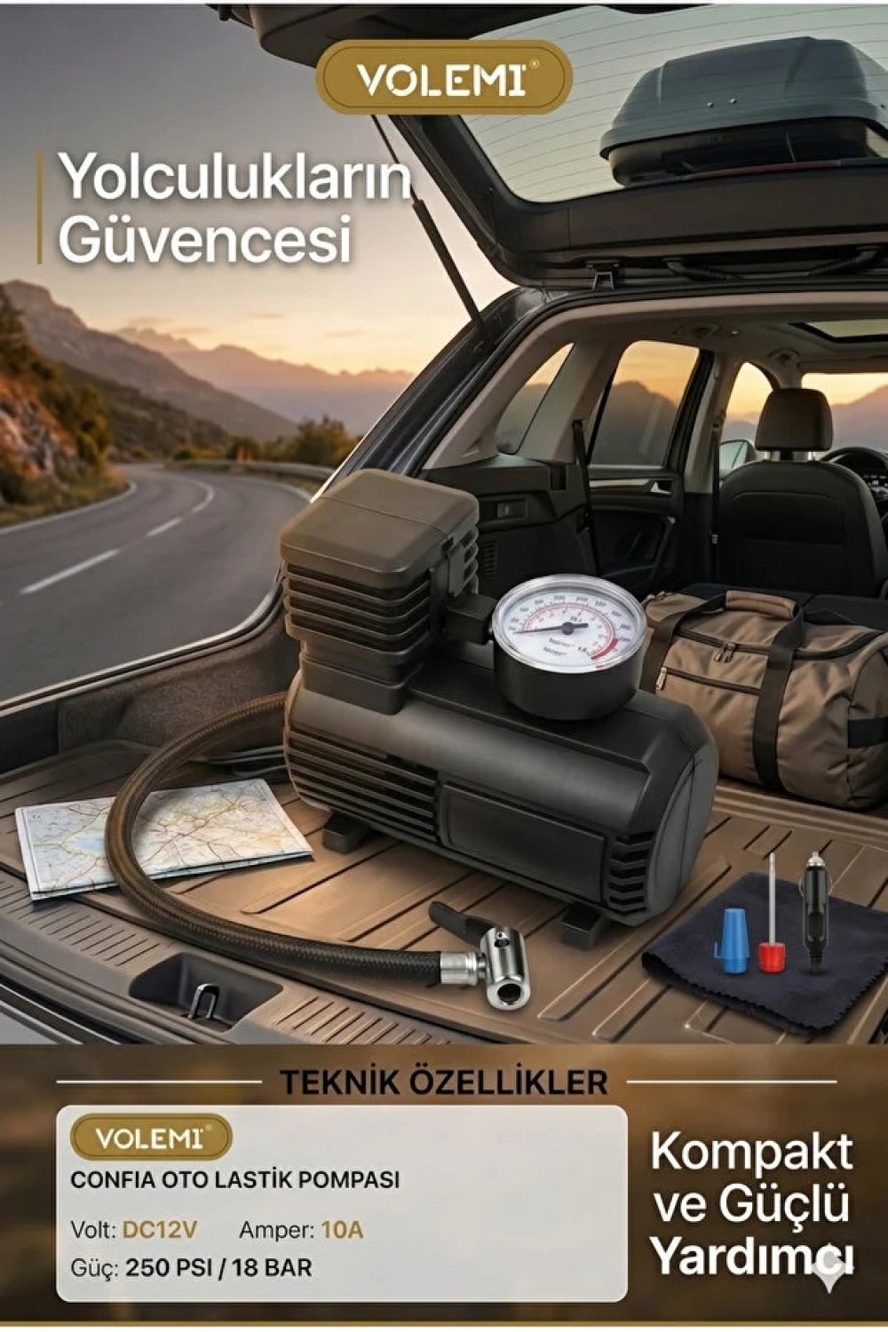 Volemi Çok Amaçlı Araç Lastik Şişirme Pompası ve Hava Kompresörü - 12V / 250 PSI