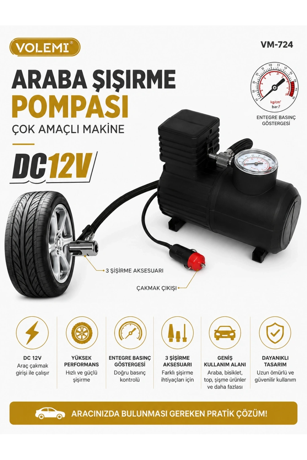 Volemi Çok Amaçlı Araç Lastik Şişirme Pompası ve Hava Kompresörü - 12V / 250 PSI