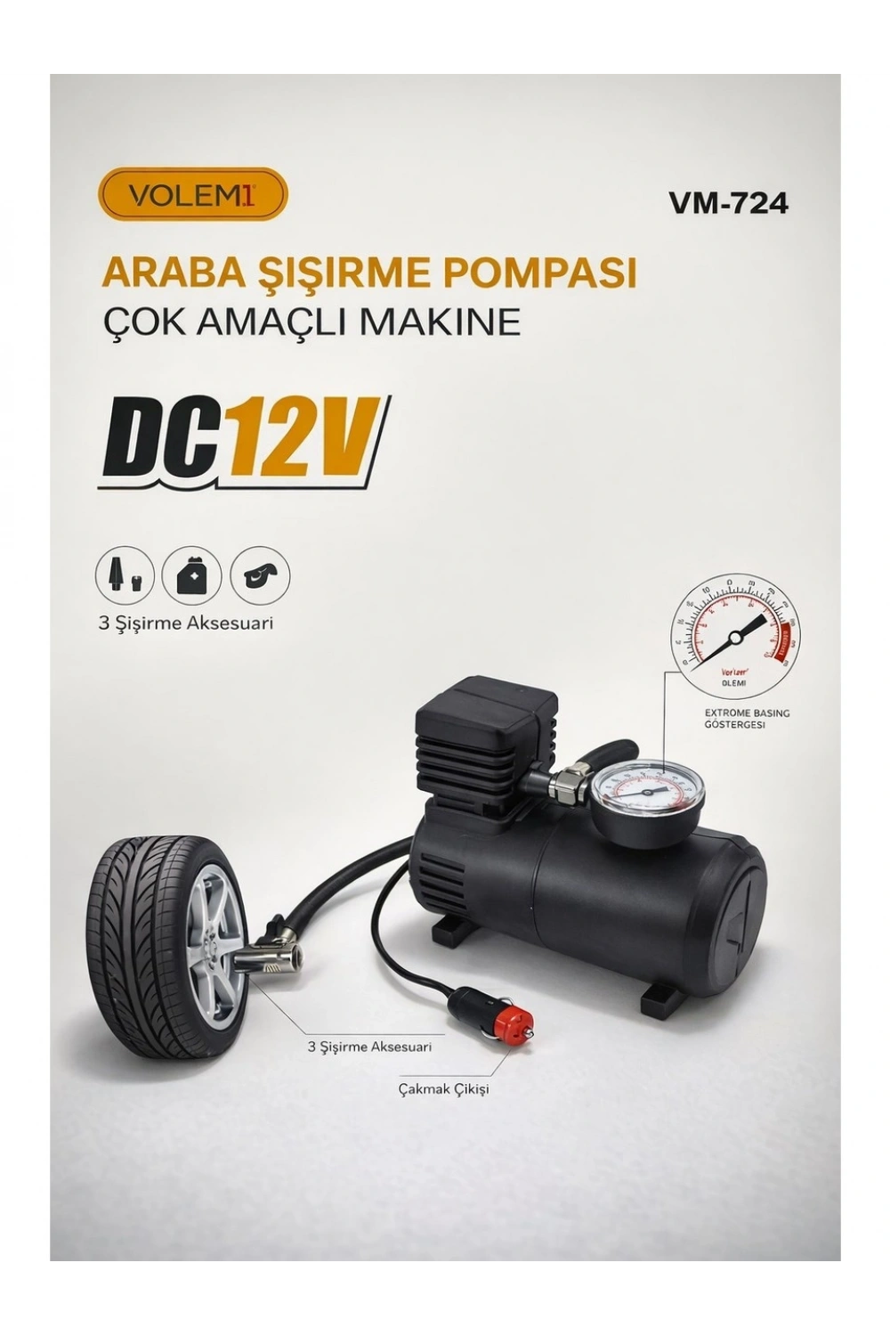 Volemi Çok Amaçlı Araç Lastik Şişirme Pompası ve Hava Kompresörü - 12V / 250 PSI
