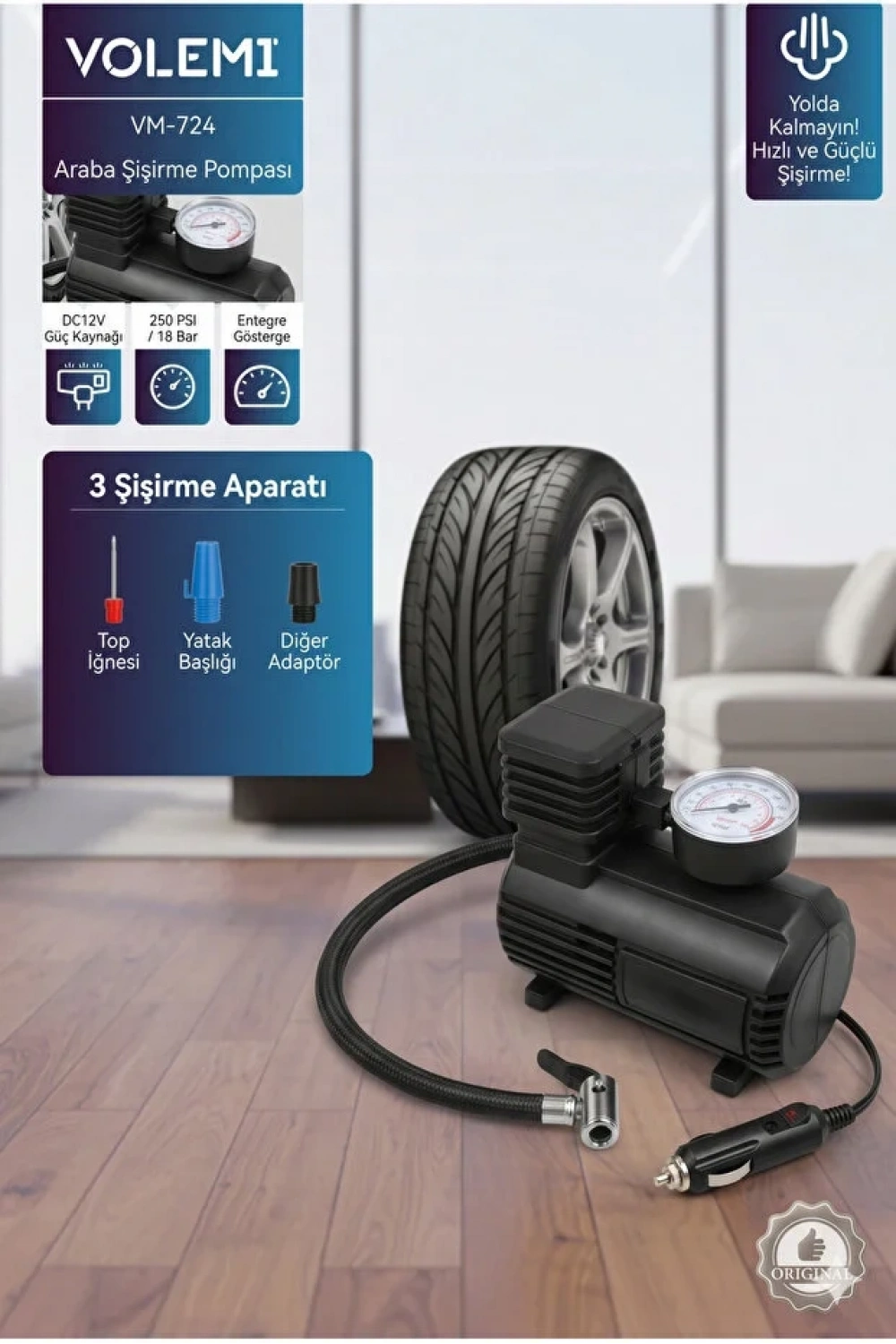 Volemi Çok Amaçlı Araç Lastik Şişirme Pompası ve Hava Kompresörü - 12V / 250 PSI