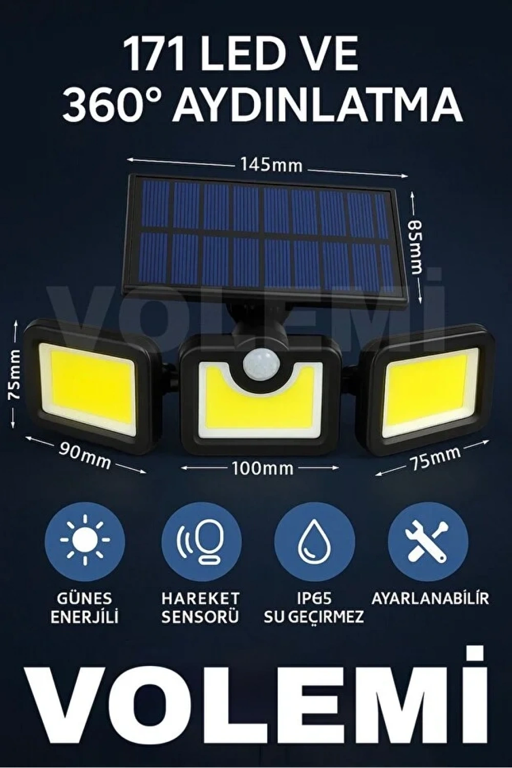 Volemi Üçlü Solar Led Projektör – Beyaz Işık – Sensörlü Dış Mekân Aydınlatma