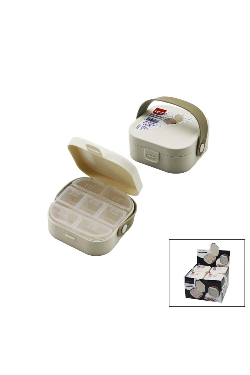 Wenken Ur-3499 (pls.kutu Çantalı=9x9cm & Y:3.7cm ) İlaç Kutusu (7 Günlük= 2+2+3 Şeffaf Plastik ) (taşıma Kulplu)*12x1