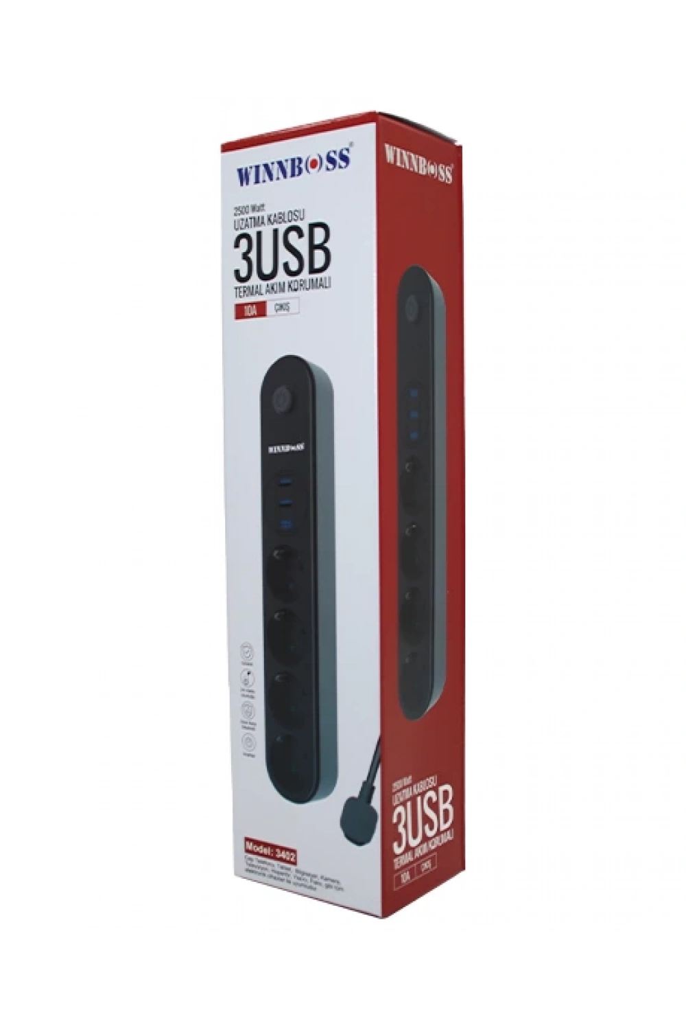 Wınboss-3402 Termal Akım Korumalı ( 4lü Priz ) ( 3xusb ) ( 2mt ) Anahtarlı Uzatma Kablo Siyah ( 10a & 2500w )*40