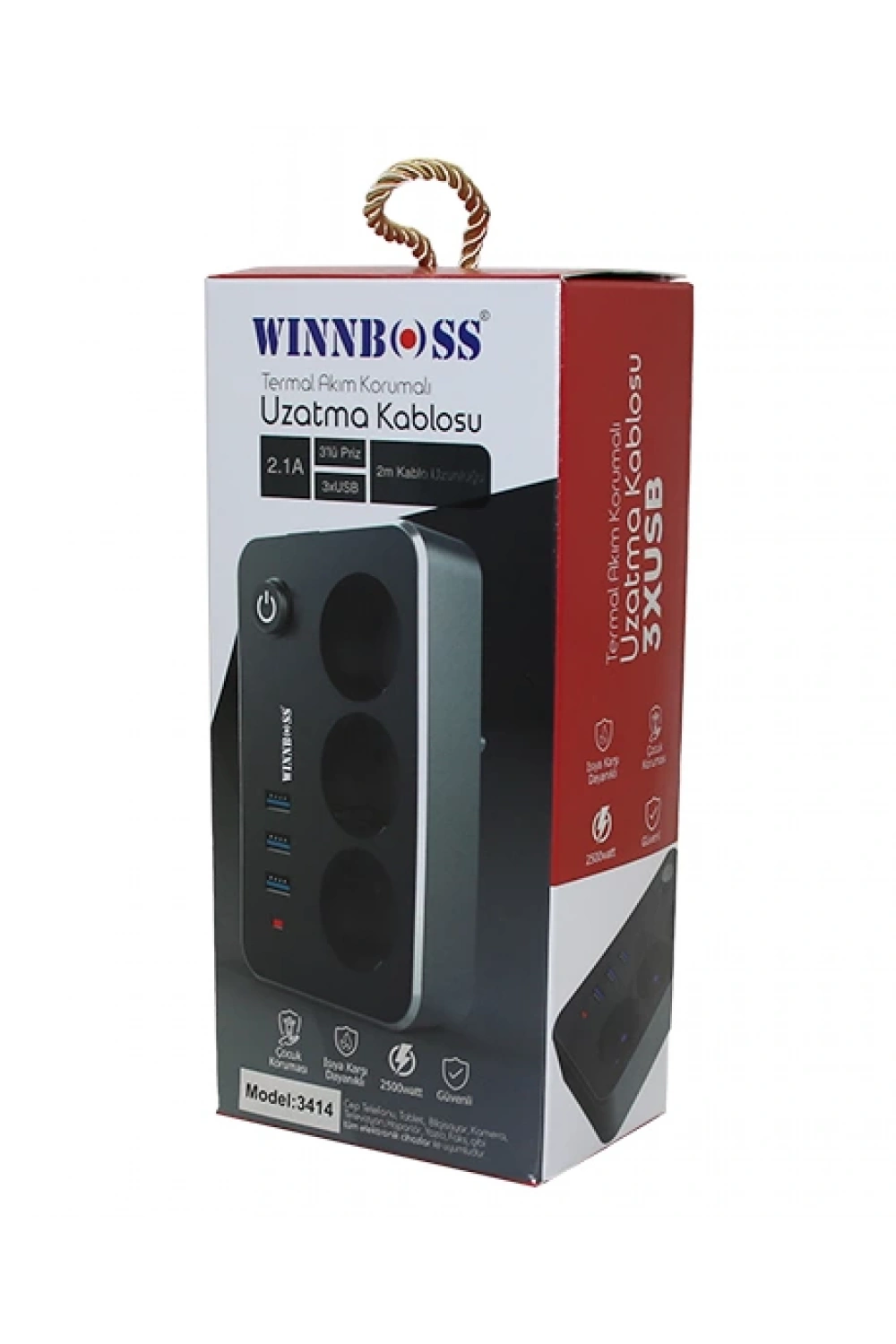 Wınboss-3414 Termal Akım Korumalı ( 2.1a ) ( 3lü Priz ) ( 3xusb ) ( 2mt ) Anahtarlı Uzatma Kablo Siyah*30