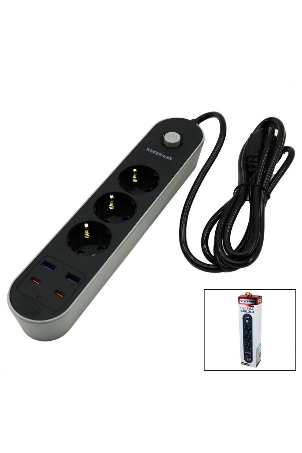Wınboss-3426 Termal Akım Koruma ( 3x Priz ) ( 2x Usb ) ( 2x Type-c ) ( 2mt ) Uzatma Kablolu Grup Priz ( 10a & 2500w )*40