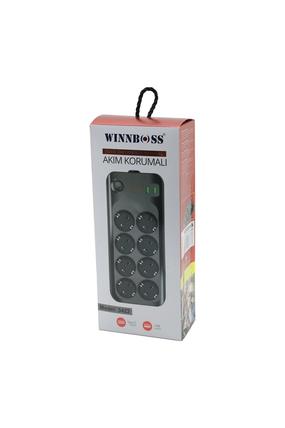 Wınnboss-3422 Termal Akım & Kısa Devre Korumalı (8li Priz) (2+2 Usb-type-c) (2mt) (anahtarlı) Uzatma Kablo (16a & 4000w)*30