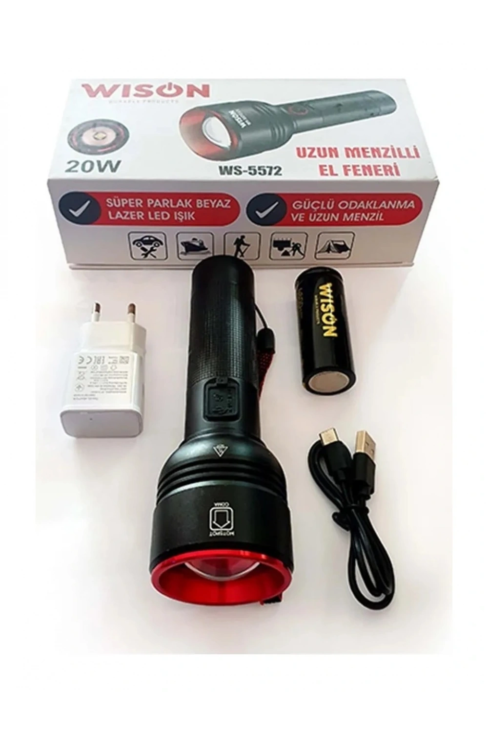 Wıson Ws-5572 20w Uzun Menzilli Şarjlı Metal El Feneri
