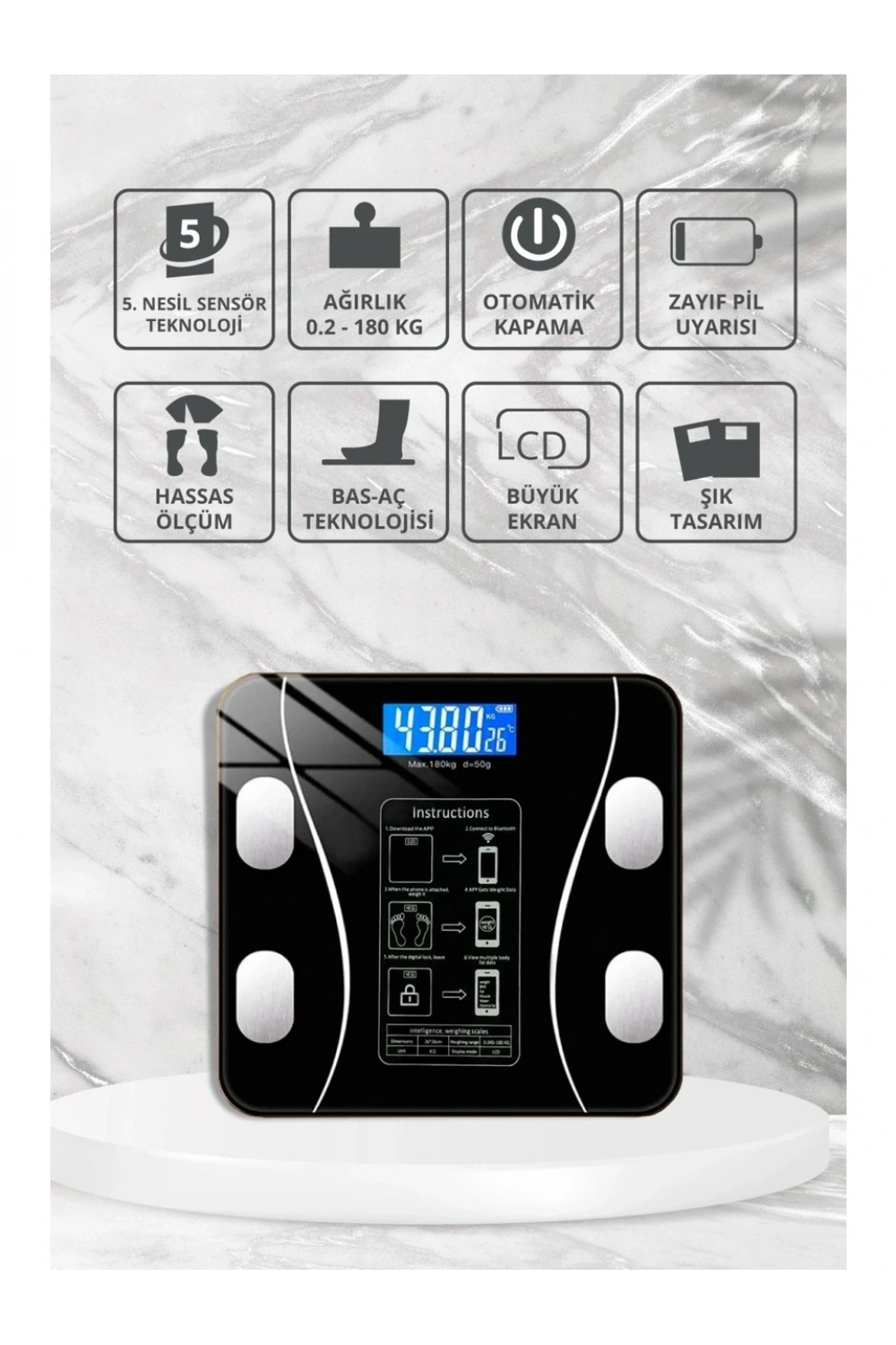 Yağ Ölçer Fonksiyonlu Dijital Baskül Elektronik Tartı Akıllı Bluetooth Lcd Dijital Ekran Ev Vücut