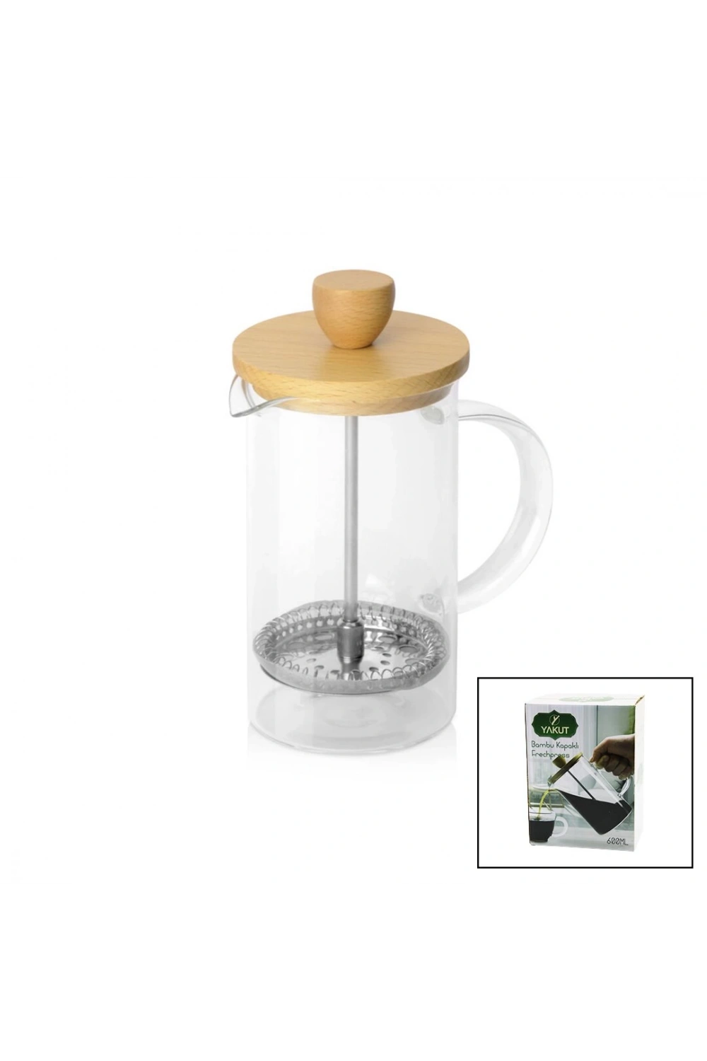 Yakut-9585 French Press ( 600ml ) ( Bambu Kapaklı ) ( Cam ) Bitki Süzgeçi*24