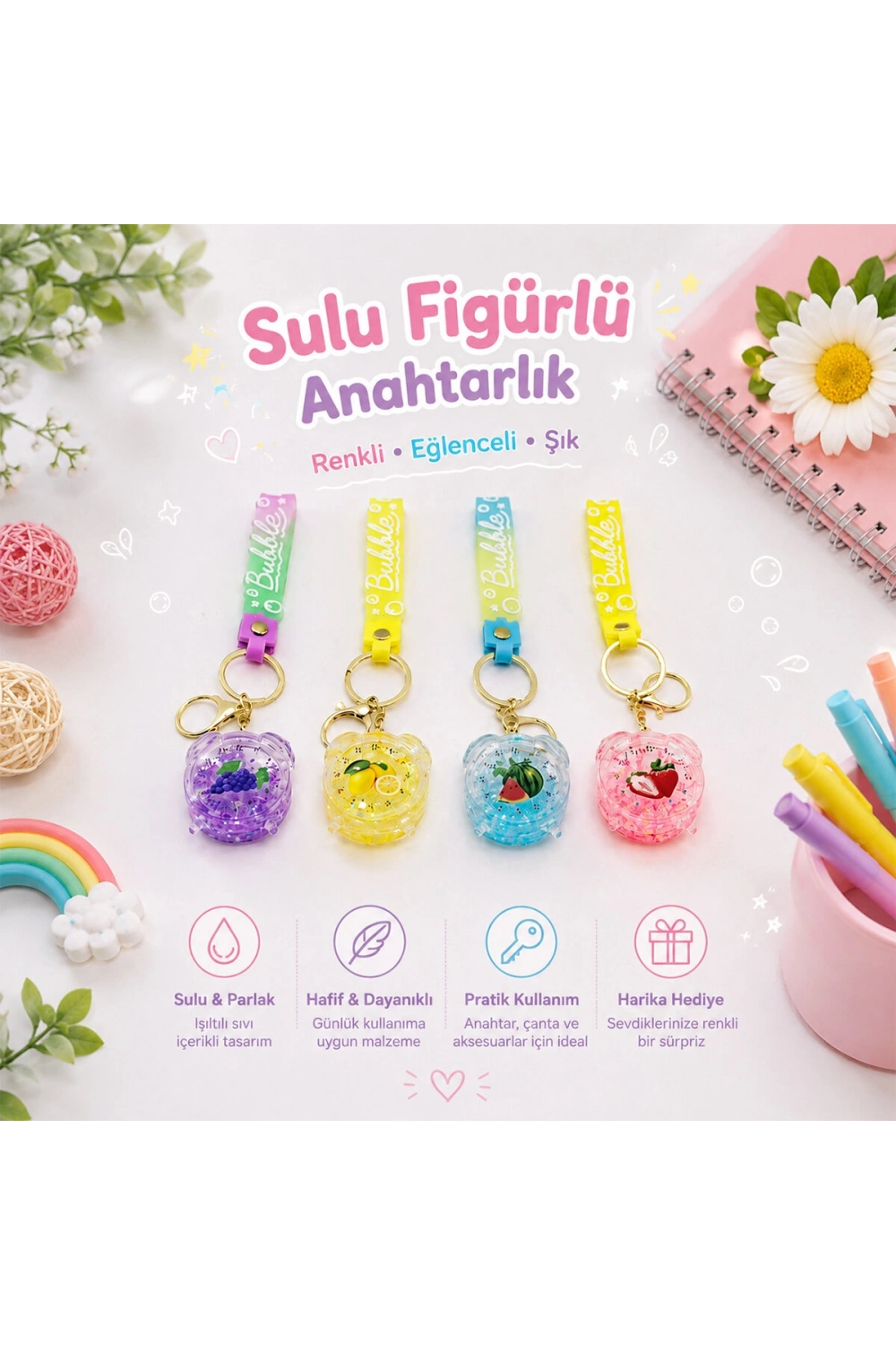 Yakut-9598 ( Sulu & Figürlü ) Mika Kristal Anahtarlık ( Gold Kulp & Kancalı )*60x10