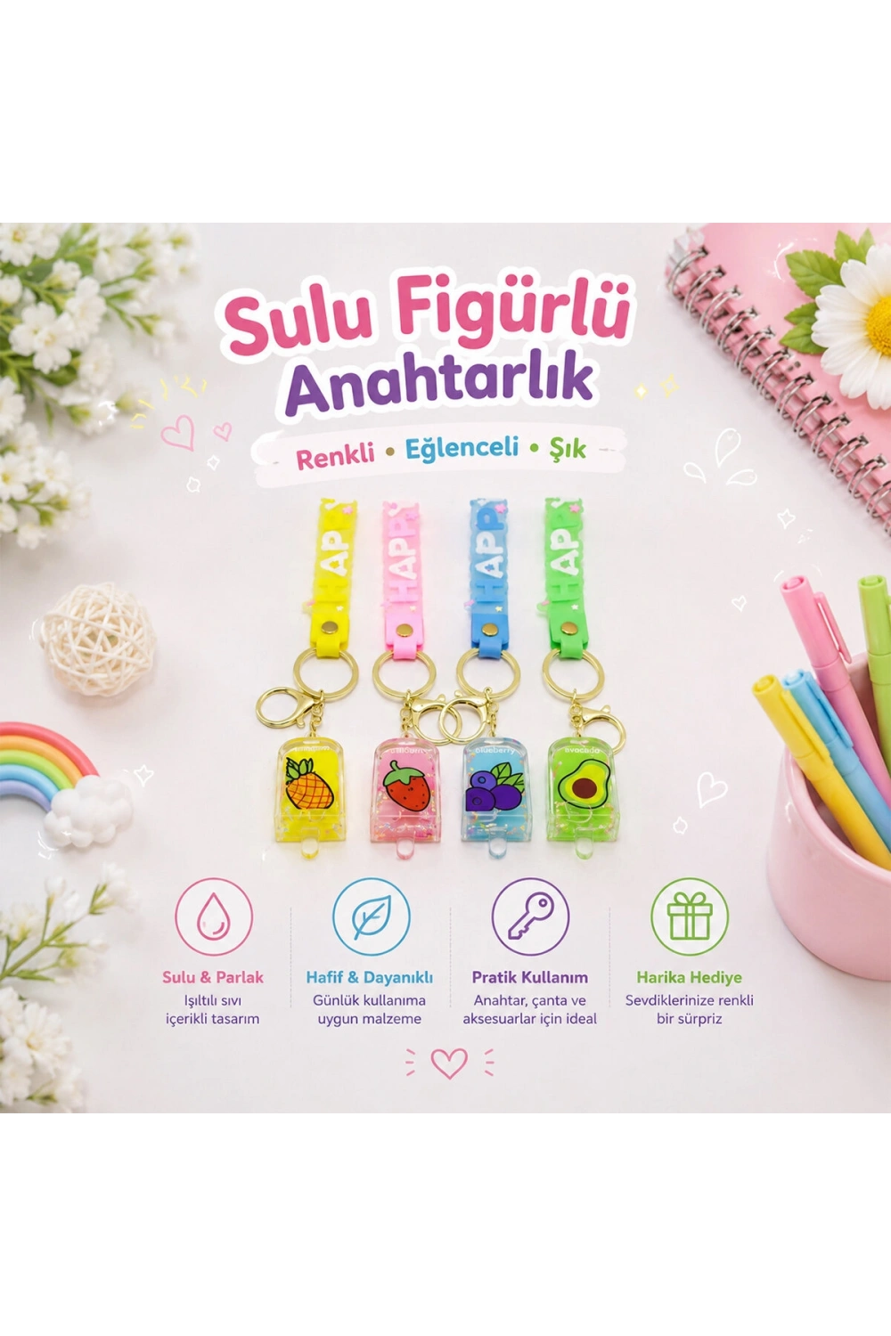 Yakut-9598 ( Sulu & Figürlü ) Mika Kristal Anahtarlık ( Gold Kulp & Kancalı )*60x10