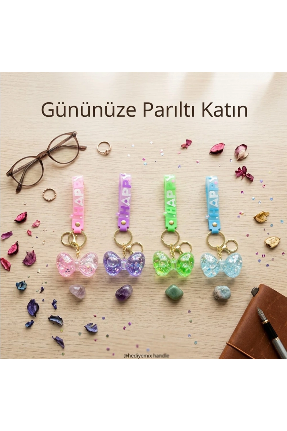 Yakut-9598 ( Sulu & Figürlü ) Mika Kristal Anahtarlık ( Gold Kulp & Kancalı )*60x10