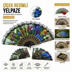 Egonex Enfa-965 ( Çiçek Resimli ) ( Tüllü Kenar ) Yelpaze  ( Plastik Bezli & Saplı )*12x50