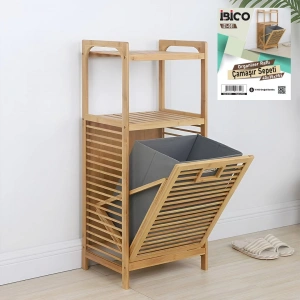 Egonex İbico İ21-081 ( 2 Kat Organizer Raflı ) ( Önden Çek Aç ) ( Kalın Ahşap Bambu ) Kirli Çamaşır Sepeti ( 40x35x95cm )*4