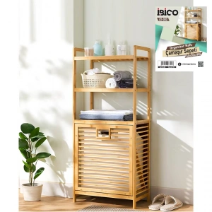 Egonex İbico İ21-083 ( 3 Kat Organizer Raflı ) ( Önden Çek Aç ) ( Kalın Ahşap Bambu ) Kirli Çamaşır Sepeti ( 40x30x130cm )*4