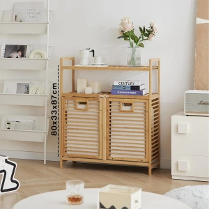 Egonex İbico İ21-150 Kirli ( 2 Kat Organizer Raflı & 2 Bölmeli ) ( Önden Çek Aç ) ( Kalın Ahşap Bambu ) Kirli Çamaşır Sepeti ( 80x33x87cm )*4
