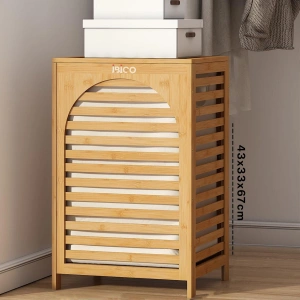 Egonex İbico İ21-153 ( Kalın Ahşap Bambu ) Kirli Çamaşır Sepeti ( Kumaş Çantalı ) ( Sepet=43x33x67cm )*4