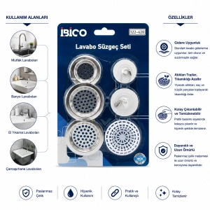 Egonex İbico İ22-428 ( 6pcs ) Lavabo Süzgeç & Tıpa Seti ( 3ad-metal + 1ad-plastik Süzgeç &  2ad-plastik Tıpa )*12x20