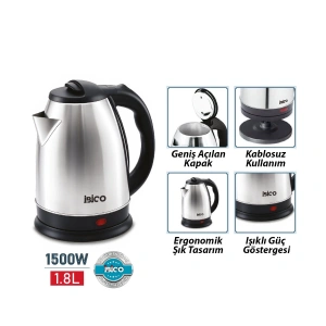 Egonex İbico Mtf-001 ( Çelik ) Kettle Elektrikli Su Isıtıcısı ( Paslanmaz Çelik Gizli Rezistans ) ( 360° ) ( 1.8lt ) ( 1500w )*6