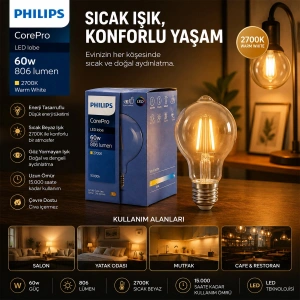 Egonex Phılıps-346772 00 Corepro G93 ( 2700k & E27 ) ( 7w = 60w & E27 ) ( Led Filament & Rustik Ampul ) Lamba ( 806 Lumen ) ( Cam Gövde )*6=k