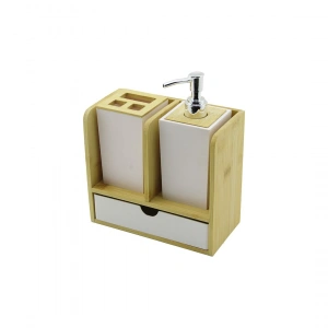 Egonex Urve Ur-3523 ( Çekmeceli & Diş Fırça Kutusu & Sabunluk ) Bambu Banyo Set ( Ahşap & Bambu Standlı )*8=k