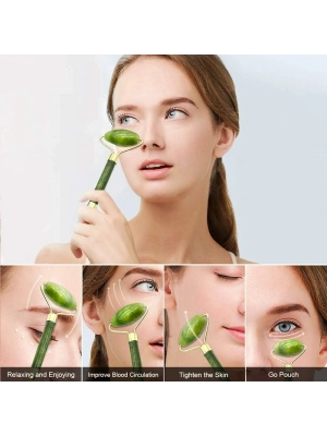 Egonex Yeşil doğal yeşim taşı yüz masaj aleti ve kalp gua sha yüz bakım taşı 2li set jade face roller