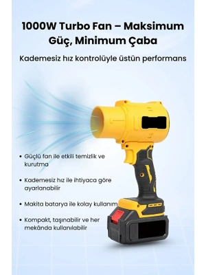Gold Orion 21V Kablosuz Hava Üfleyici | 32.000RPM Turbo Fan, 12.000mAh Batarya, Bahçe & Araç Kurutma / Sarı
