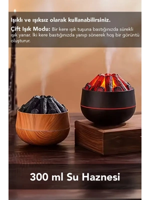 Egonex Ahşap Odun Ateşi Tasarımlı Hava Nemlendiricisi-Buhar Makinası-Aroma Difüzörü Led Işık Volkanik Alev 300ml