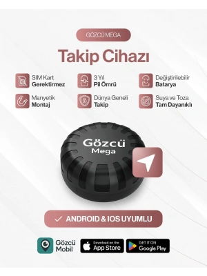 Gözcü Mega Android ve İos Uyumlu Takip Cihazı 3 Yıl Pil Ömrü Geçmişe Dönük Konum Gps Araç Motor Çocuk Gizli