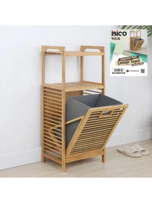 Egonex İbico İ21-081 ( 2 Kat Organizer Raflı ) ( Önden Çek Aç ) ( Kalın Ahşap Bambu ) Kirli Çamaşır Sepeti ( 40x35x95cm )*4