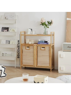 Egonex İbico İ21-150 Kirli ( 2 Kat Organizer Raflı & 2 Bölmeli ) ( Önden Çek Aç ) ( Kalın Ahşap Bambu ) Kirli Çamaşır Sepeti ( 80x33x87cm )*4