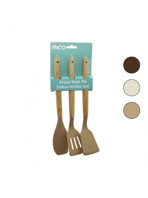 Egonex İbico İ22-010 ( 3pcs ) ( Renkli Silikon ) ( Spatula ) Mutfak Seti ( Ahşap & Bambu Saplı ) ( Klasik & Yan & Delikli Spatula) (30cm)*12x6