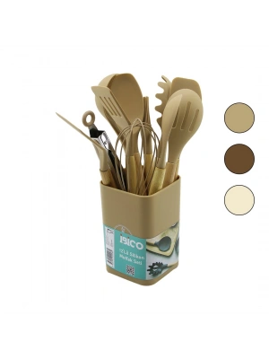 Egonex İbico İ22-028 (11pcs+kova) Silikon Mutfak Seti (bambu Sap) (3-kaşık& 3-spatula& 1-kevgir& 1-kepçe& 1-maşa& 1-çrpc& 1-frç)*24